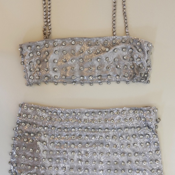 ‼️SALE‼️ Retrofete Silver Rhinestone Bead Chainmail Skirt Crop Top - Picture 6 of 15
